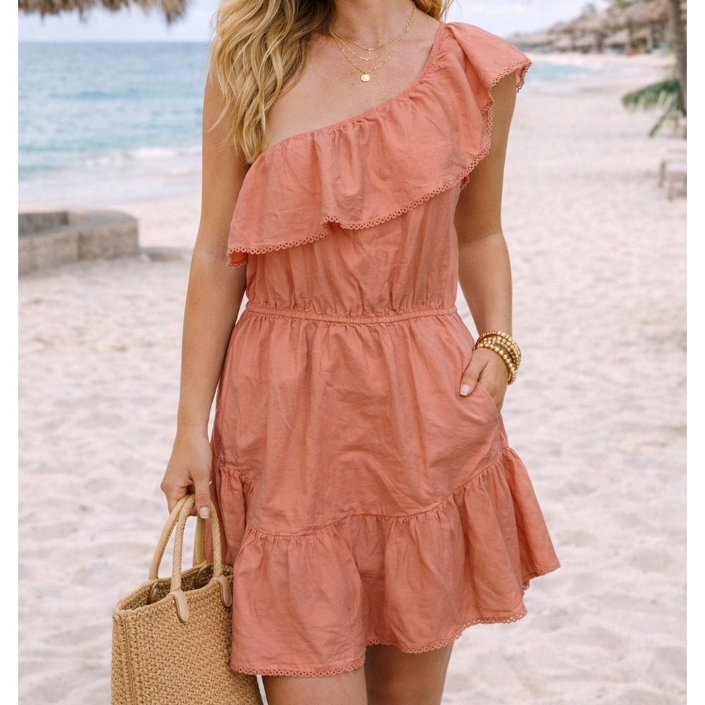 Free People Lovers Lane One Shoulder Ruffle Mini Dress w/ Pockets Coral‎ Pink S